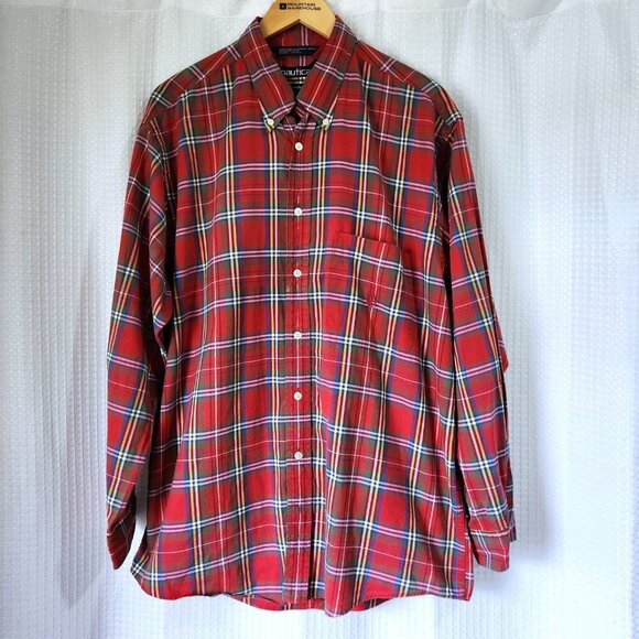 Nautica Shirt Mens Large Pinpoint Oxford Long Sleeve Button Down Plaid Cotton - Picture 1 of 8